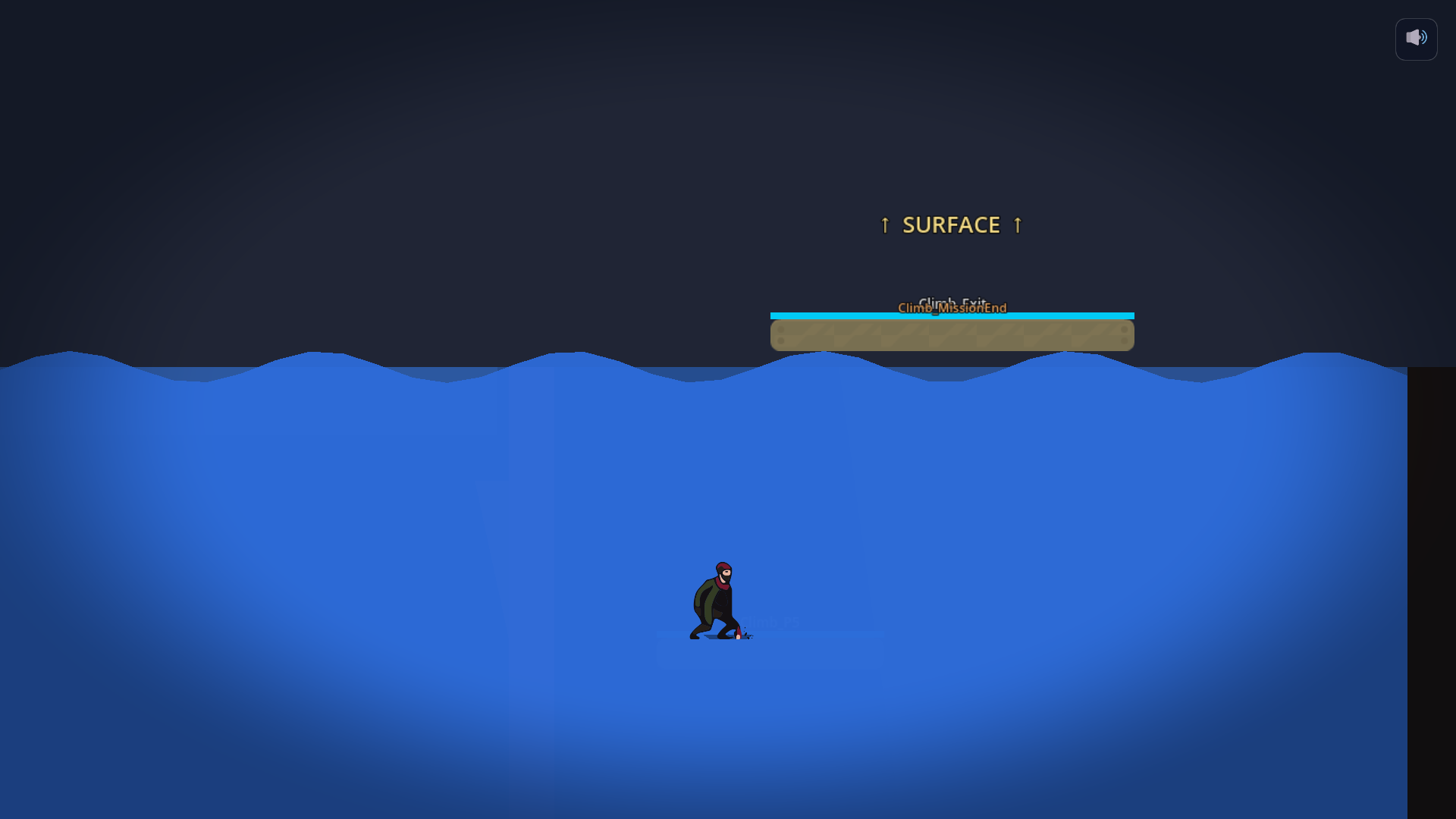 A frame from Mission 2: the player is standing on the floor of the pit, the rising water is up past his shoulders, the SURFACE label and the escape platform are visible above, and the player is not dying.