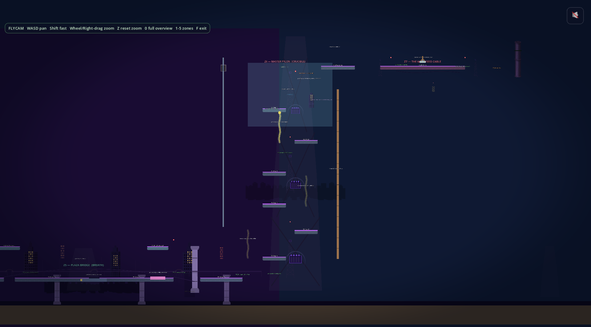 Mission 3 of Pull the Plug, the pylon-climb zone. Dark purple skyline, a tall lattice pylon in the middle of the frame, transmission cables stretched across the top, glowing cyan capacitor accents along the platforms.