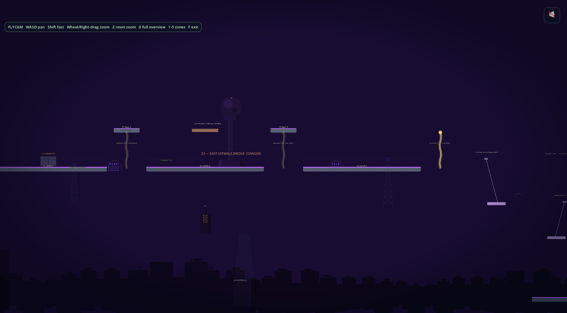 Mission 3, Zone 3, the East Catwalk Bridge. A long catwalk against a deep purple night sky. Three thin vertical squiggly lines hang down from above at different points along the bridge, glowing faintly even in their idle state.
