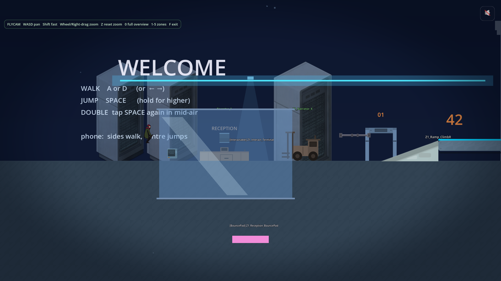 The reception area of Mission 1. A WELCOME header with movement controls listed beneath. To the right, behind a cyan-tinted glass pane with a diagonal reflection stripe, a small receptionist figure stands at her desk.