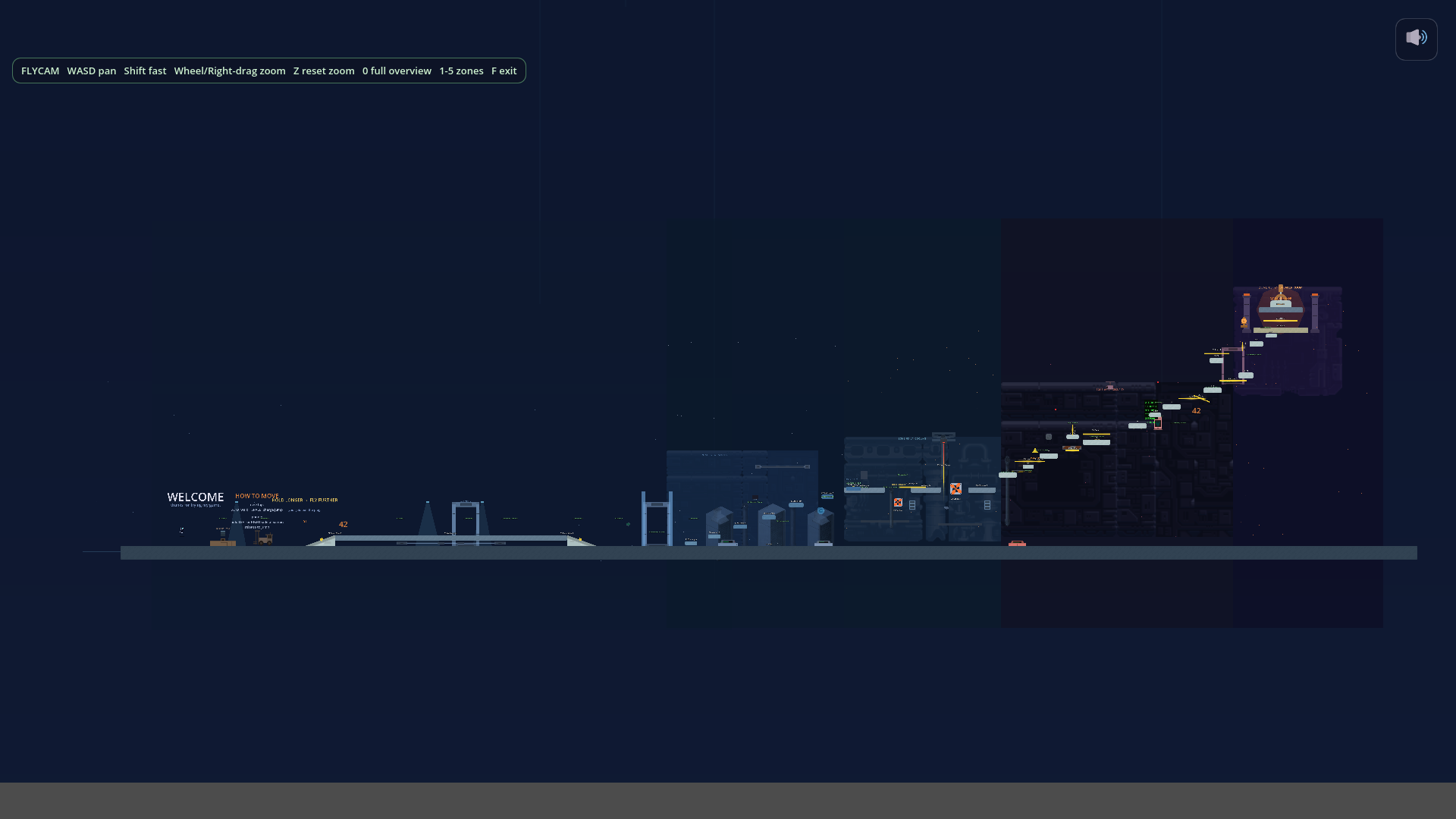 Mission 1 overview: the whole horizontal level laid out left-to-right, from the dock and reception on the ground to the breaker room high up on the right.