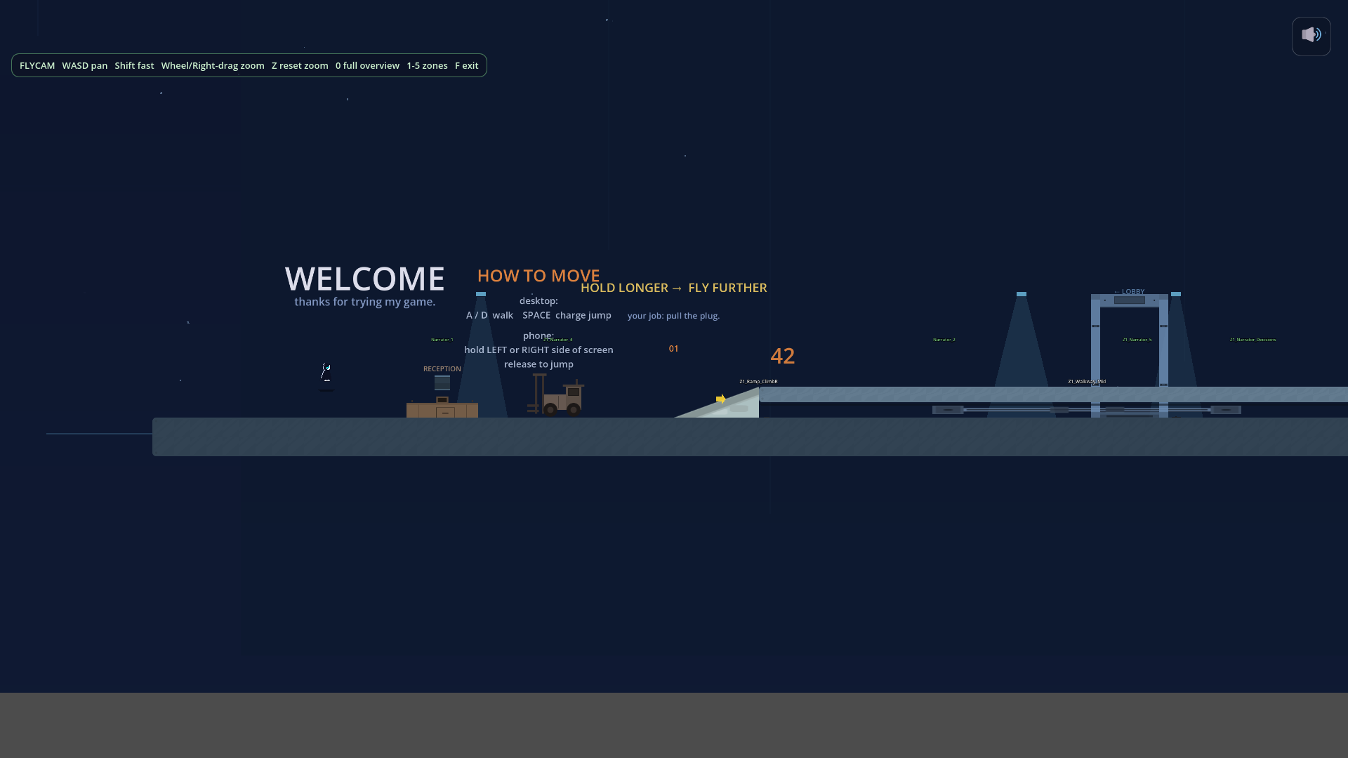 The opening of Mission 1: a small hooded figure on the left, a 'WELCOME' sign, 'HOW TO MOVE' instructions, a forklift in front of a reception desk, and the tall lobby tower silhouette in the distance.