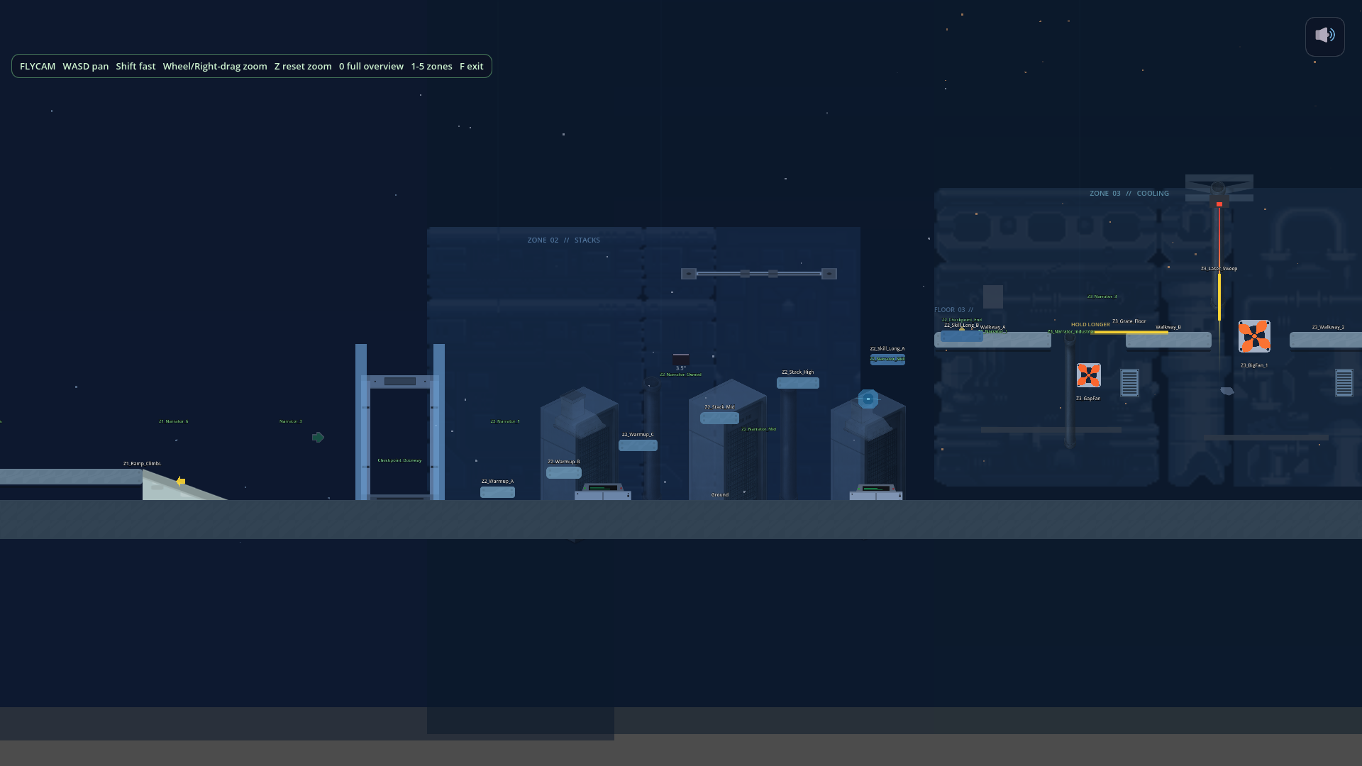 Zone 2 and 3 of Mission 1: a stack of industrial silhouettes against a deep blue night sky, cooling pipes, signage labels, and the start of a climb upward.