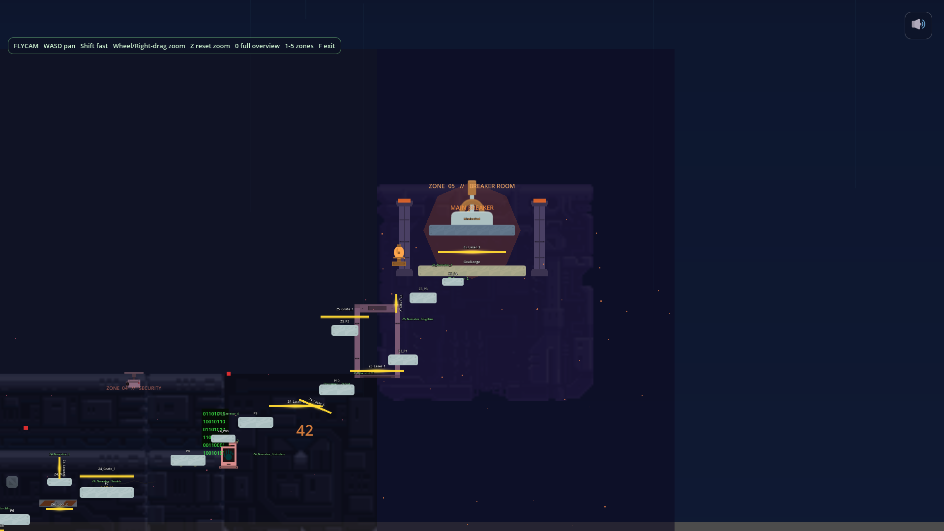 Mission 1 ending. A small dark security area with green code text scrolling on a screen, leading up into a small purple-lit breaker room labeled MASTER BREAKER.