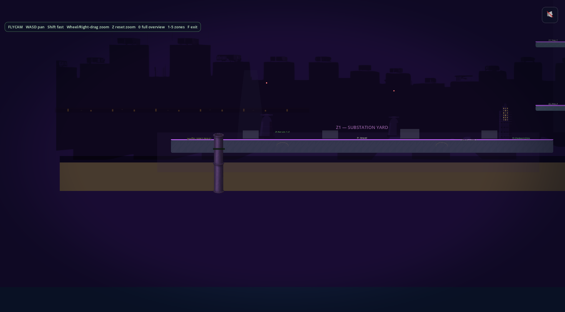 Mission 3, Zone 1. A wide flat platform at ground level under a deep purple sky, with a faint dotted-lattice pylon silhouette visible on the far right edge.