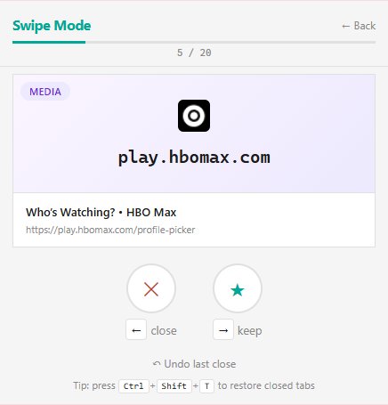 TabNoodle swipe mode showing a media tab for play.hbomax.com with close and keep buttons